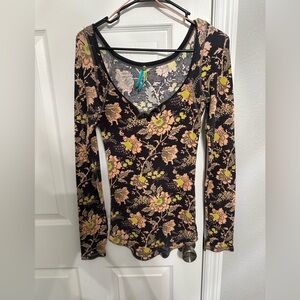 Free People Floral Long Sleeve Top - Black and Yellow